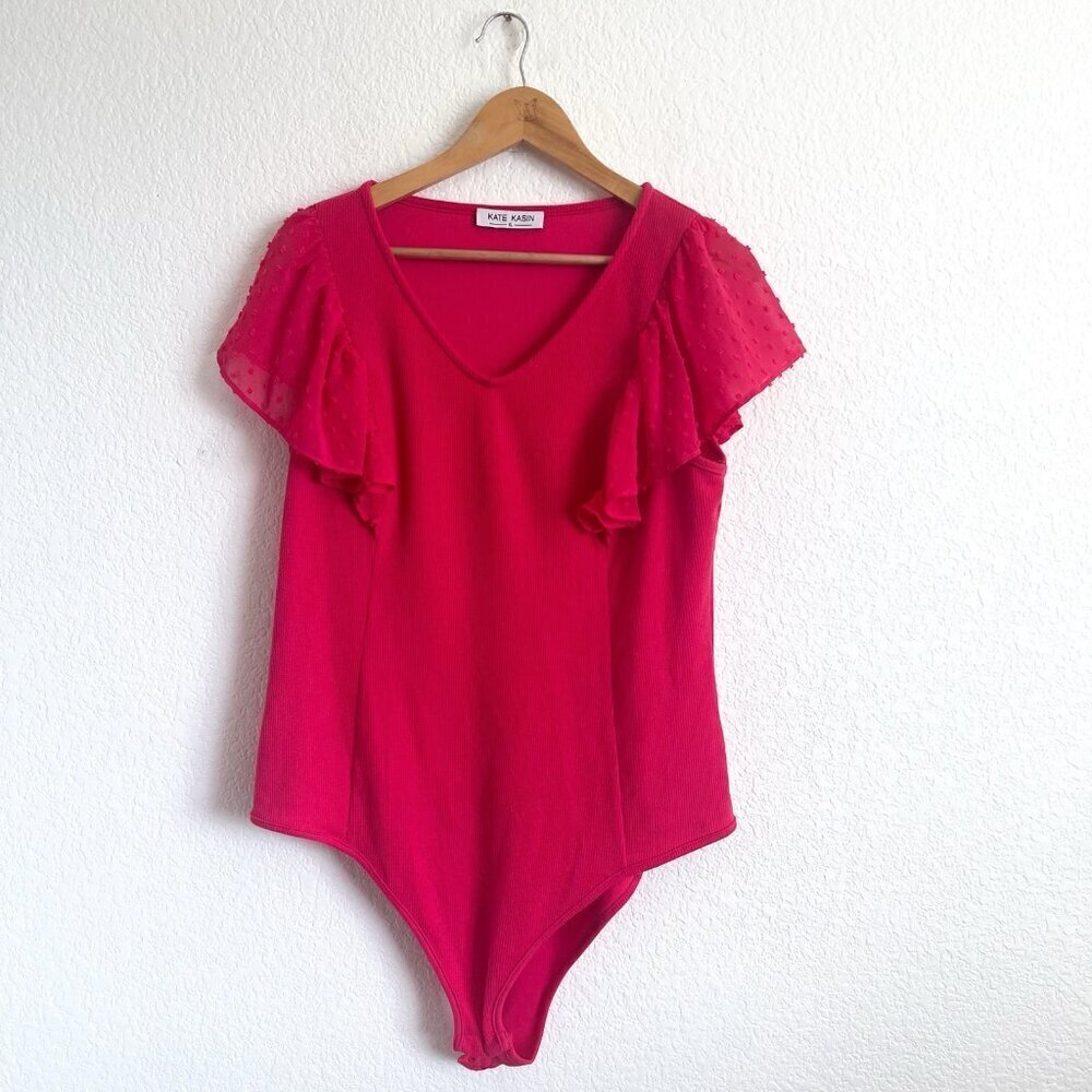 Kate Kasin XL Pink Swiss Dot Ruffle Short Sleeve Bodysuit Barbiecore